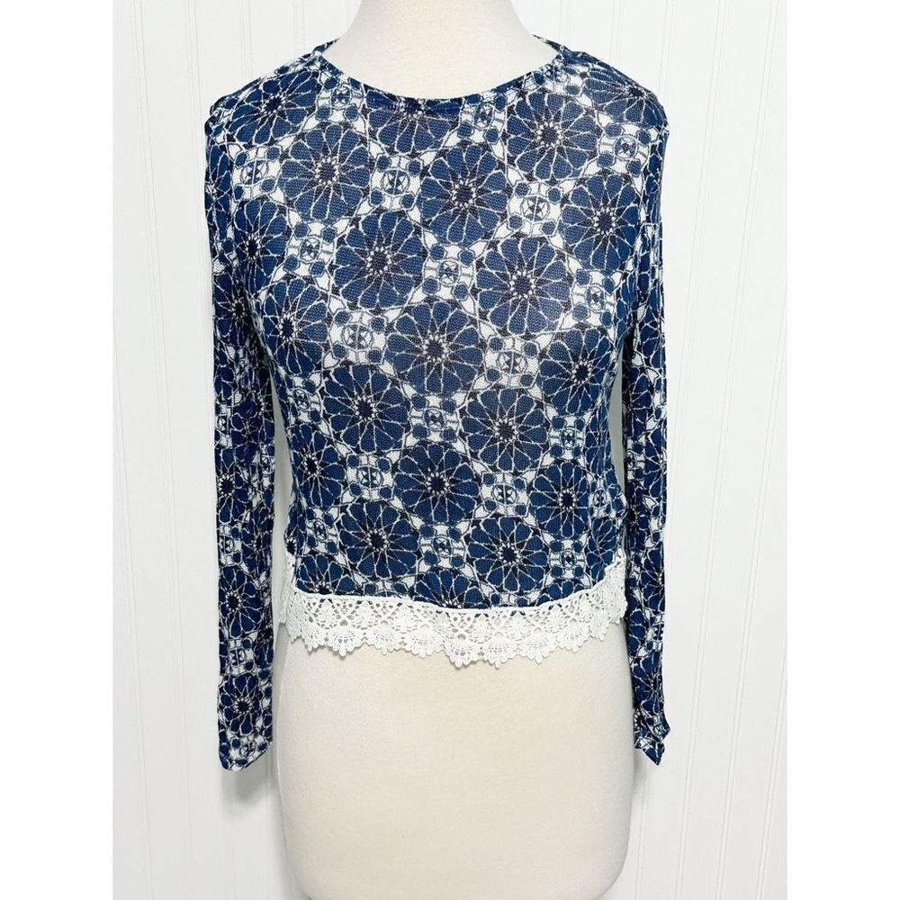 Divided Women's Argyle‎ Diamond Lace Trim Long Sleeve Crop Top Blue White XS